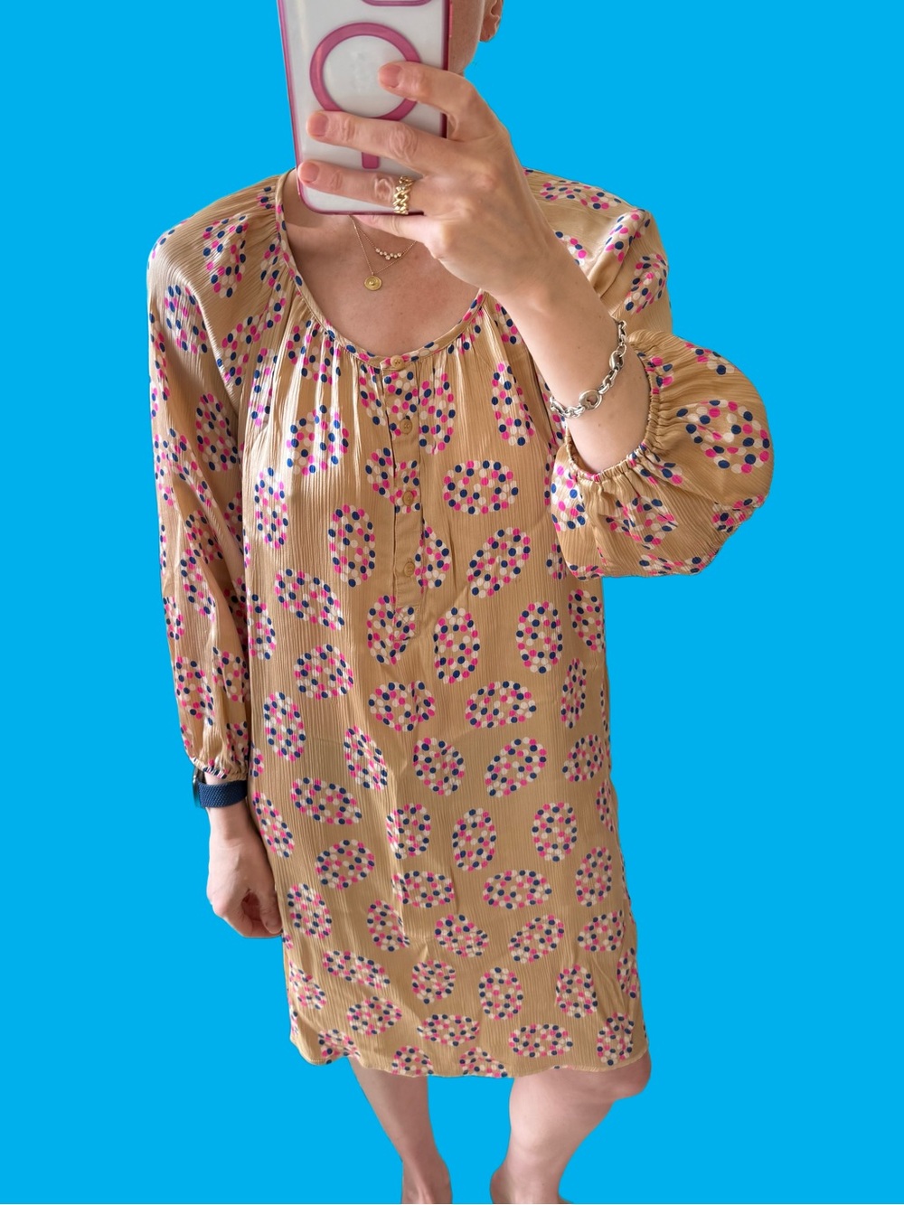 Tucker Silk Dress with Pink, Blue & White Dot Print size XS